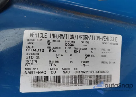 1993 Mazda Mx-5 Miata z USA, uszkodzony, nr VIN JM1NA3518P1410670